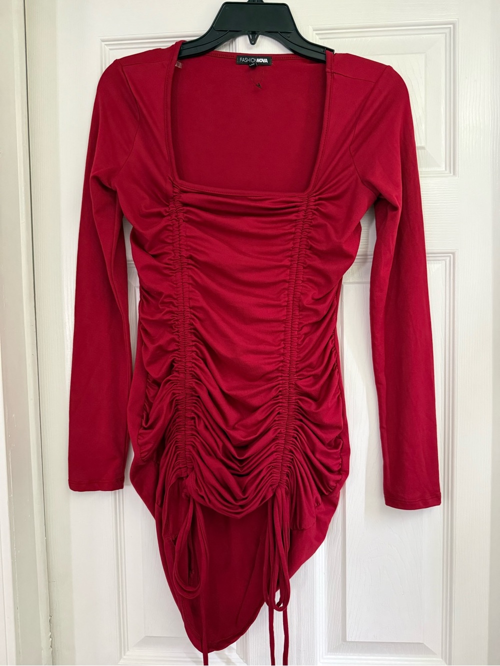 Fashion Nova Red Ruched Long Sleeve Square Neck Top with Drawstring